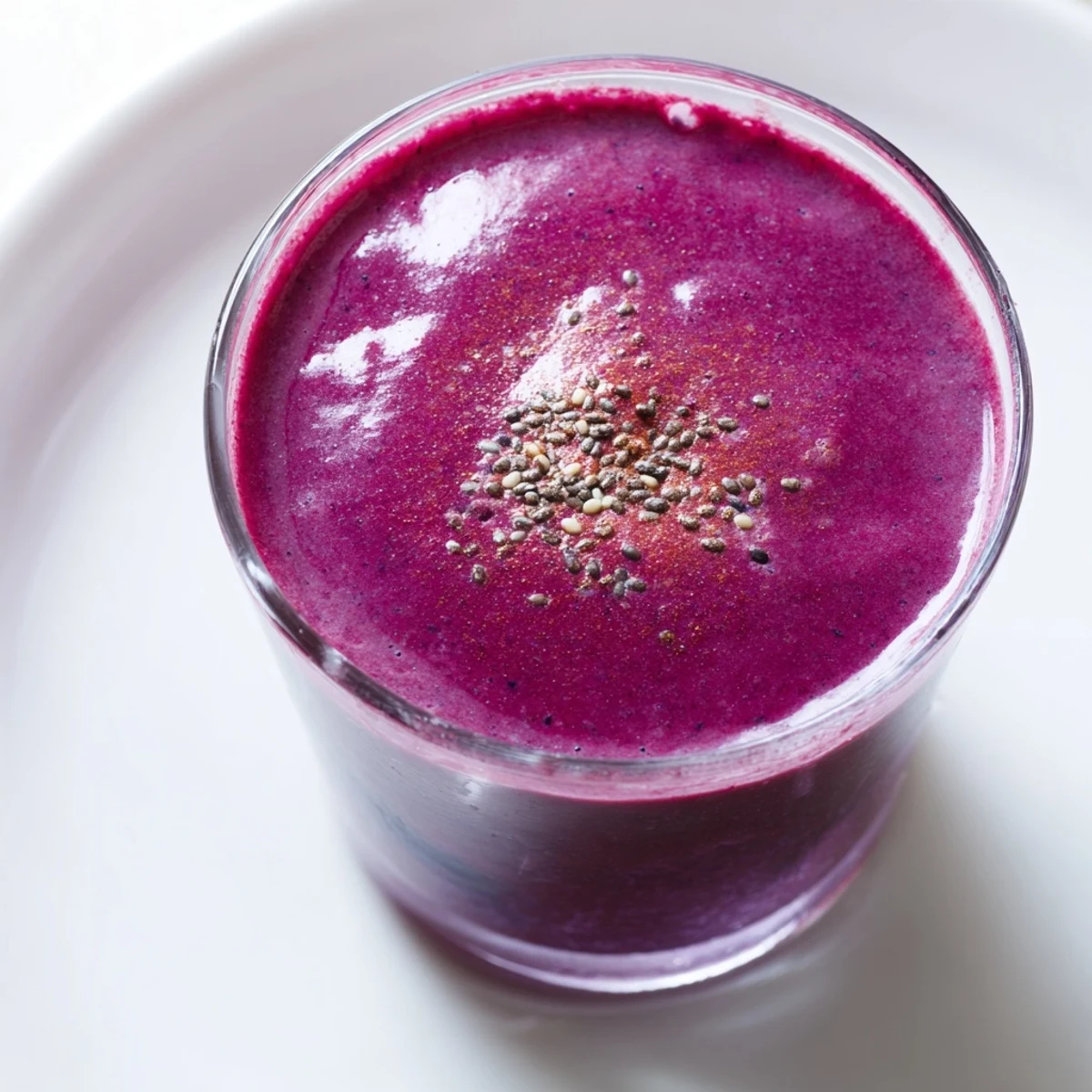 Two glasses of vibrant purple Winter Berry Smoothie with Spinach garnished with fresh berries.