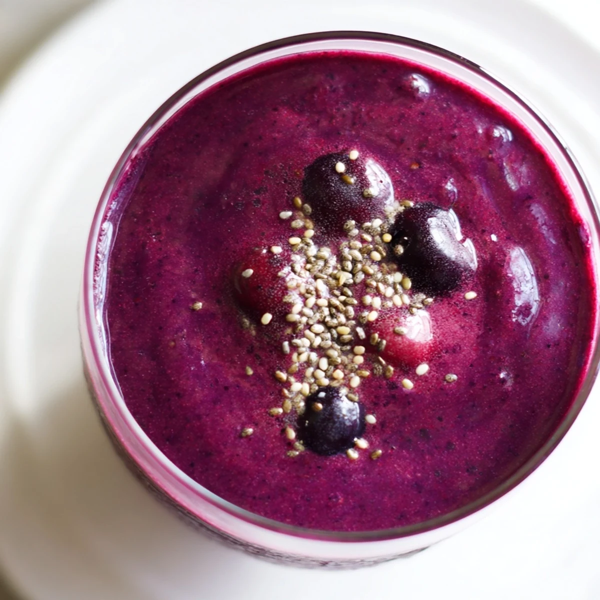 A tall glass of creamy Winter Berry Smoothie with Spinach next to a bowl of fresh berries.