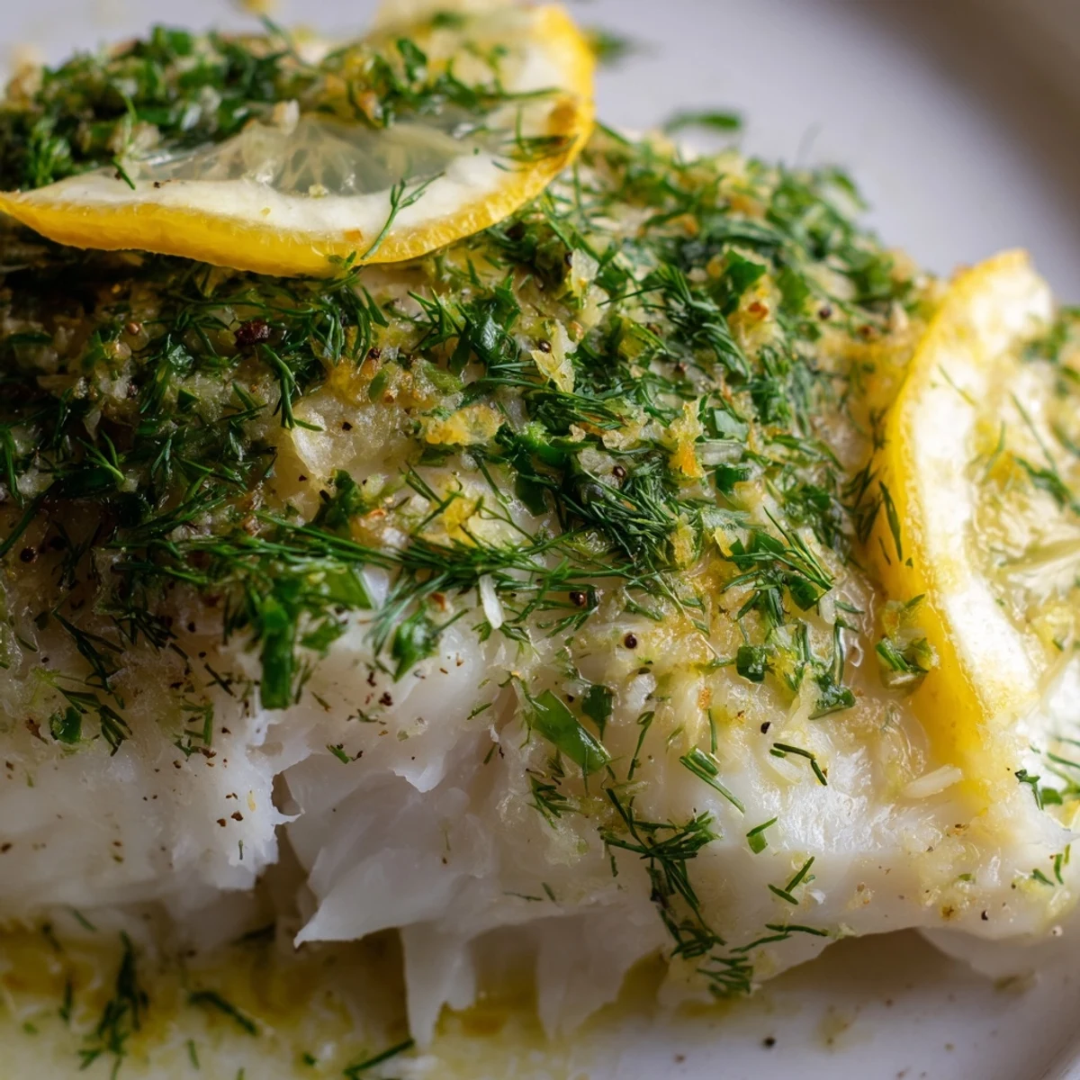 Golden Baked Cod with Herbs and Lemon resting on a platter, garnished with fresh parsley and lemon slices.