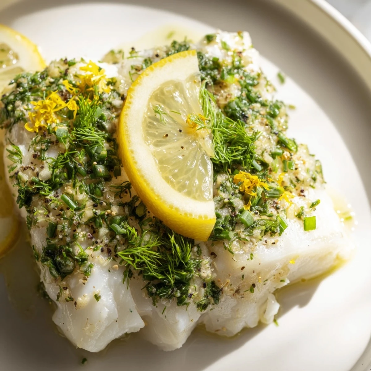 Serving of Baked Cod with Herbs and Lemon on a white plate, drizzled with olive oil and ready to eat.