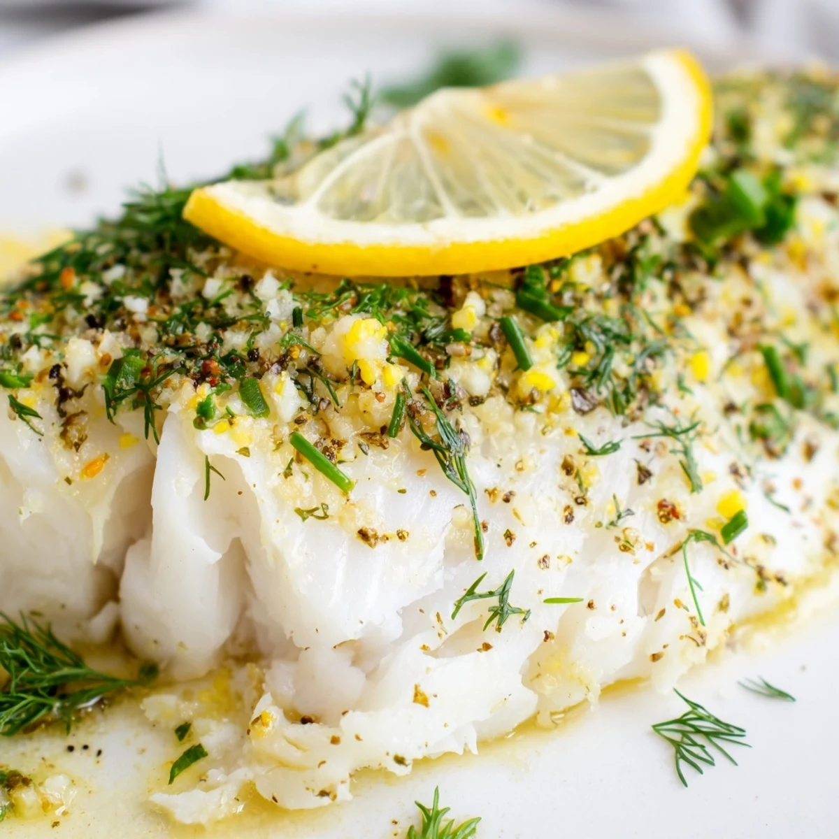 Flaky Baked Cod with Herbs and Lemon fillets baked in a glass dish, surrounded by vibrant green herbs.