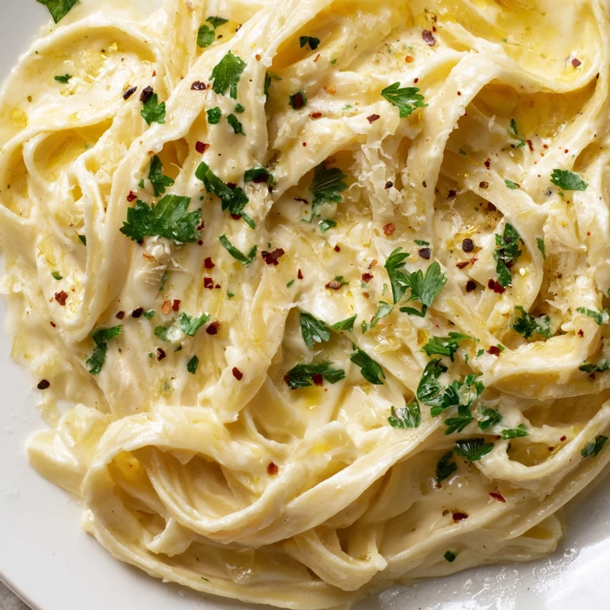 Creamy Garlic Pasta with Parsley is twirled onto a plate, showing a rich, velvety garlic cream sauce coating fettuccine noodles.