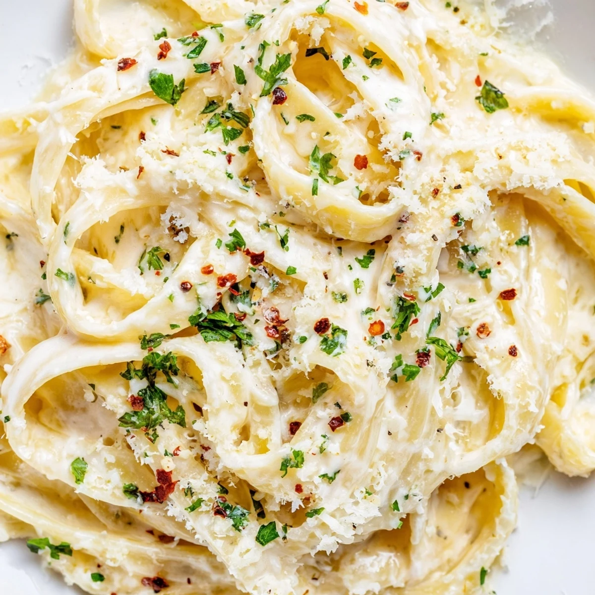 A skillet of Creamy Garlic Pasta with Parsley is ready to serve, bubbling with melted Parmesan and aromatic sautéed garlic.