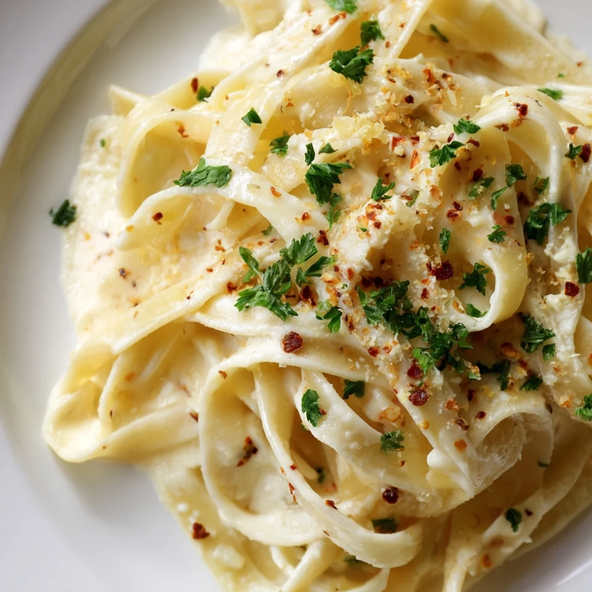 Freshly chopped parsley garnishes this Creamy Garlic Pasta, served alongside a glass of white wine and crusty garlic bread.