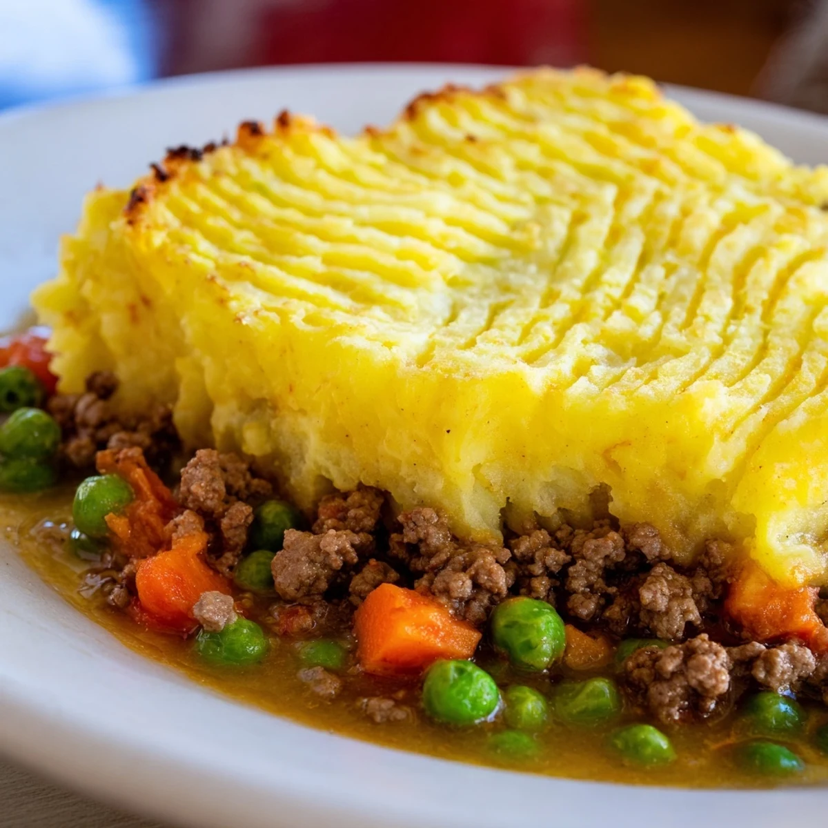 Golden-brown Beef Shepherds Pie with Peas bubbling from the oven, featuring creamy mashed potato peaks over savory beef filling.
