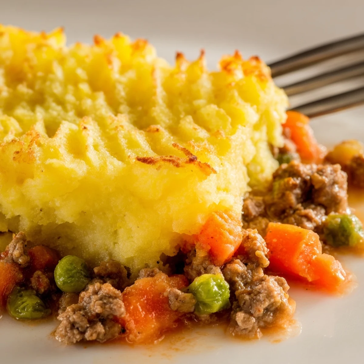 Freshly baked Beef Shepherds Pie with Peas served in a rustic dish, with sweet green peas peeking from the hearty meat base.
