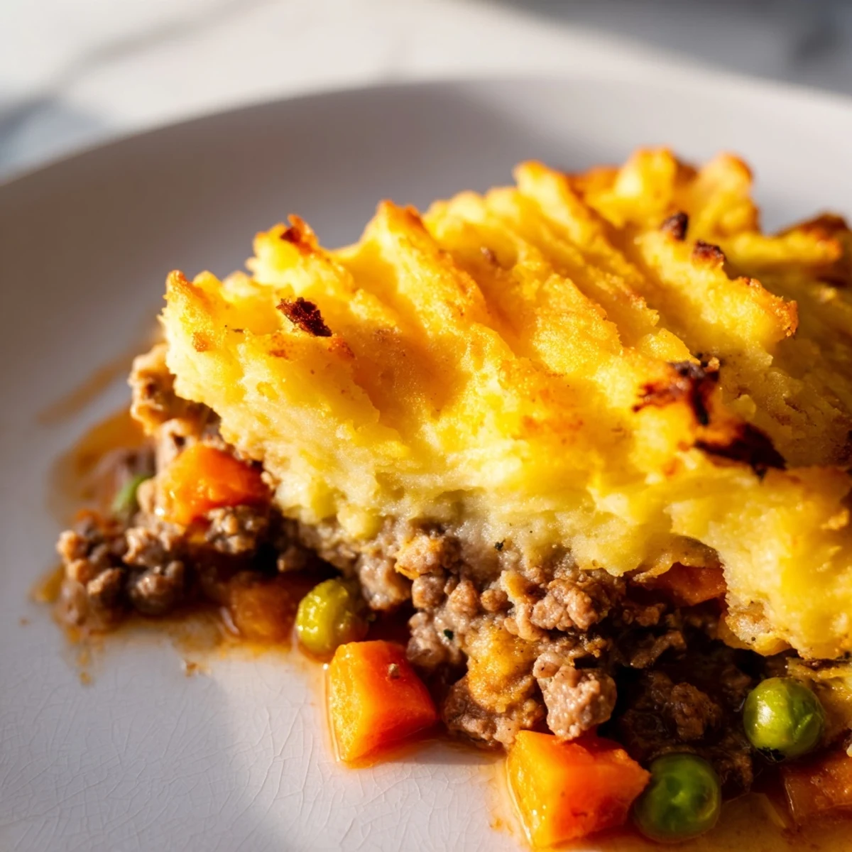 Classic Beef Shepherds Pie with Peas topped with fork-ridged mashed potatoes, steaming hot and ready for a comforting family dinner.