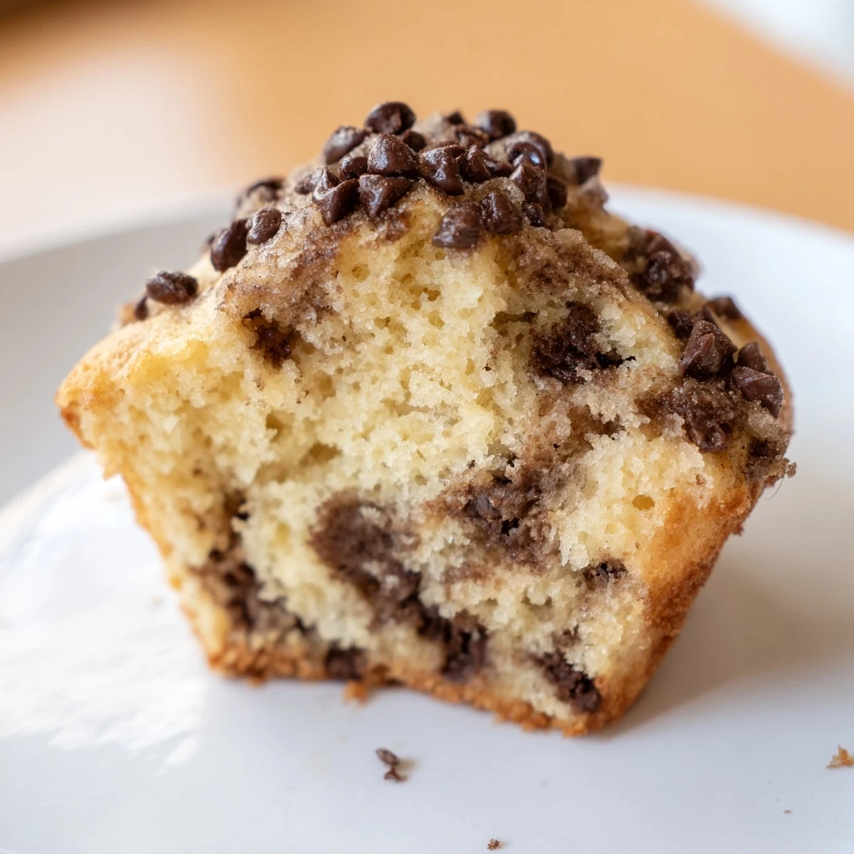 Freshly baked Chocolate Chip Muffins with gooey melted chocolate chips rest on a wire cooling rack.