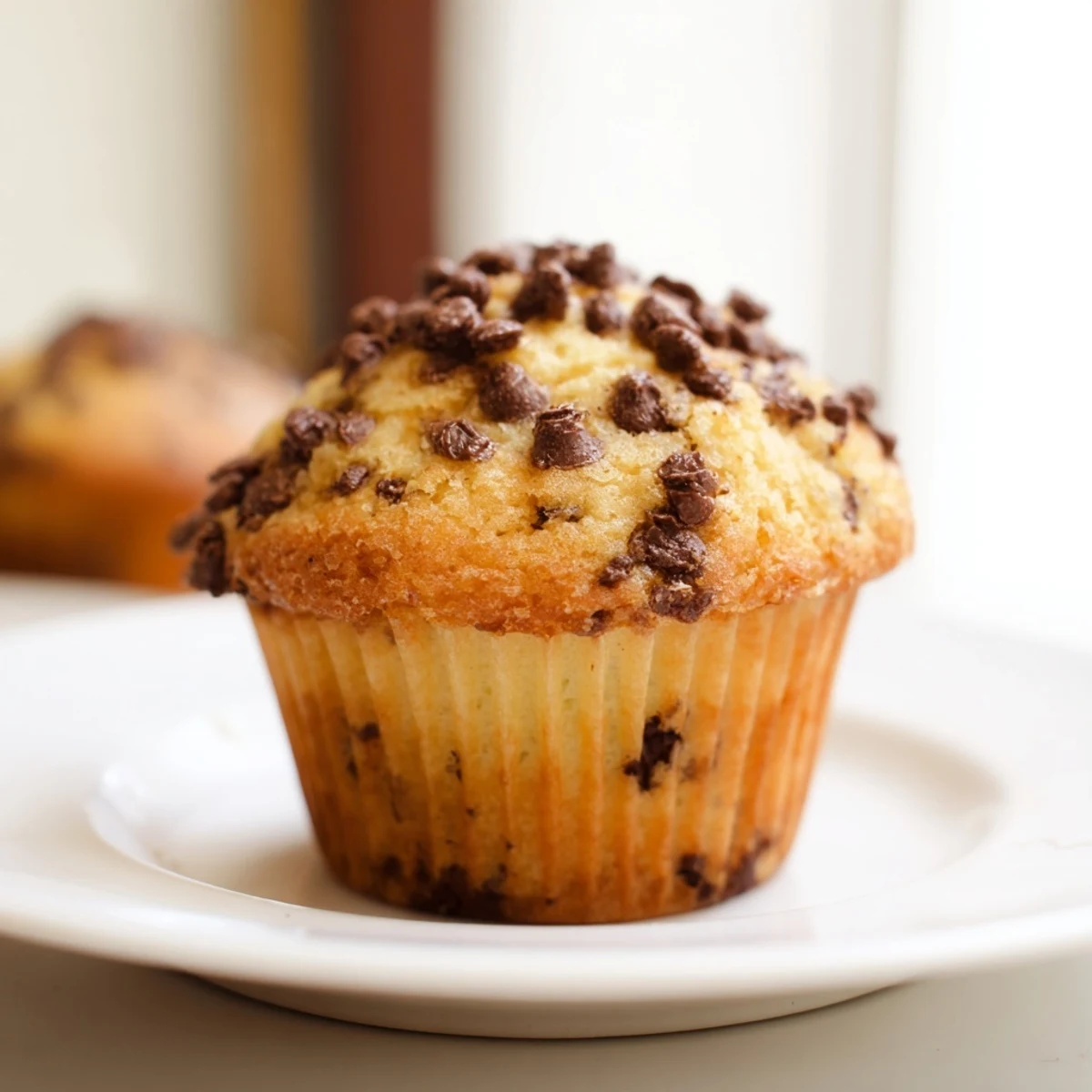 Homemade Chocolate Chip Muffins with cracked tops and visible chocolate pools sit beside a glass of milk.