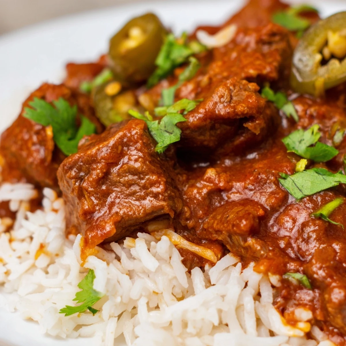 Steaming Spicy Beef Curry with Basmati Rice, simmered in a rich, aromatic sauce and garnished with fresh cilantro.