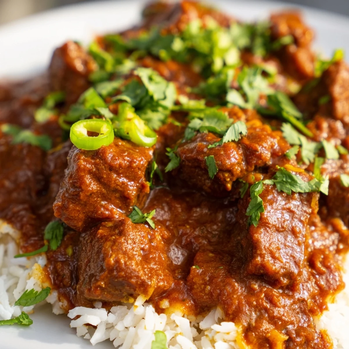 Tender beef cubes coated in a bold, spicy curry sauce served alongside fluffy white basmati rice.