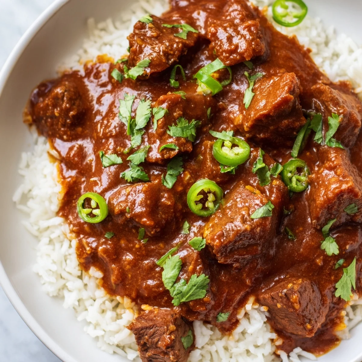 A close-up view of Spicy Beef Curry with Basmati Rice, featuring a rich, reddish-orange sauce and steamed grains.