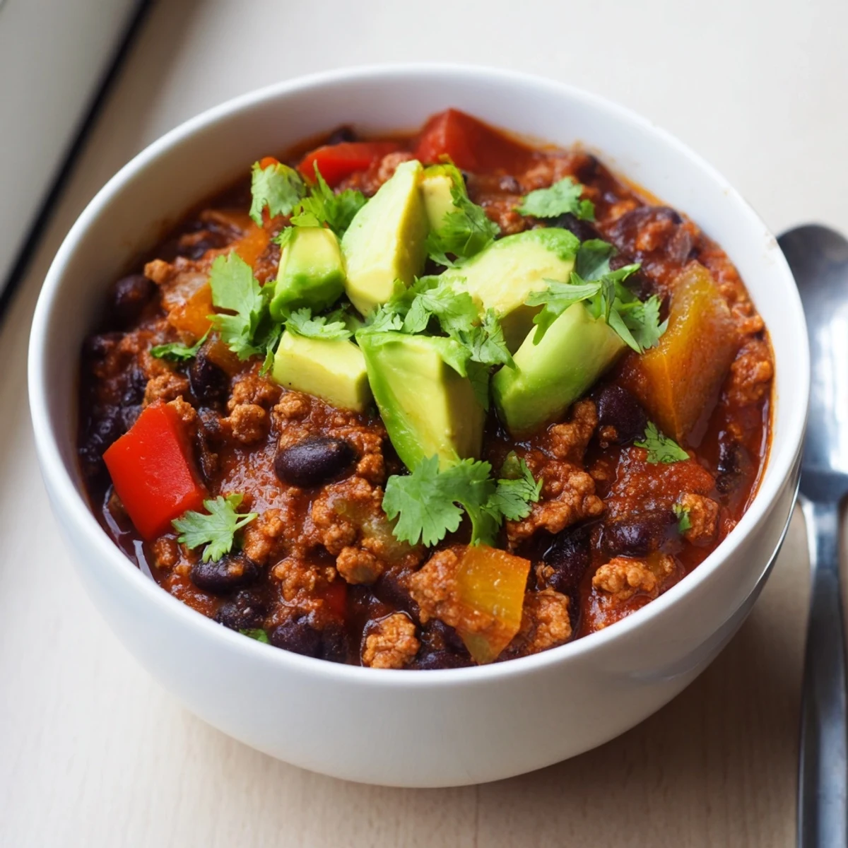 A hearty bowl of Turkey Chili with Black Beans, topped with fresh cilantro and creamy avocado slices.