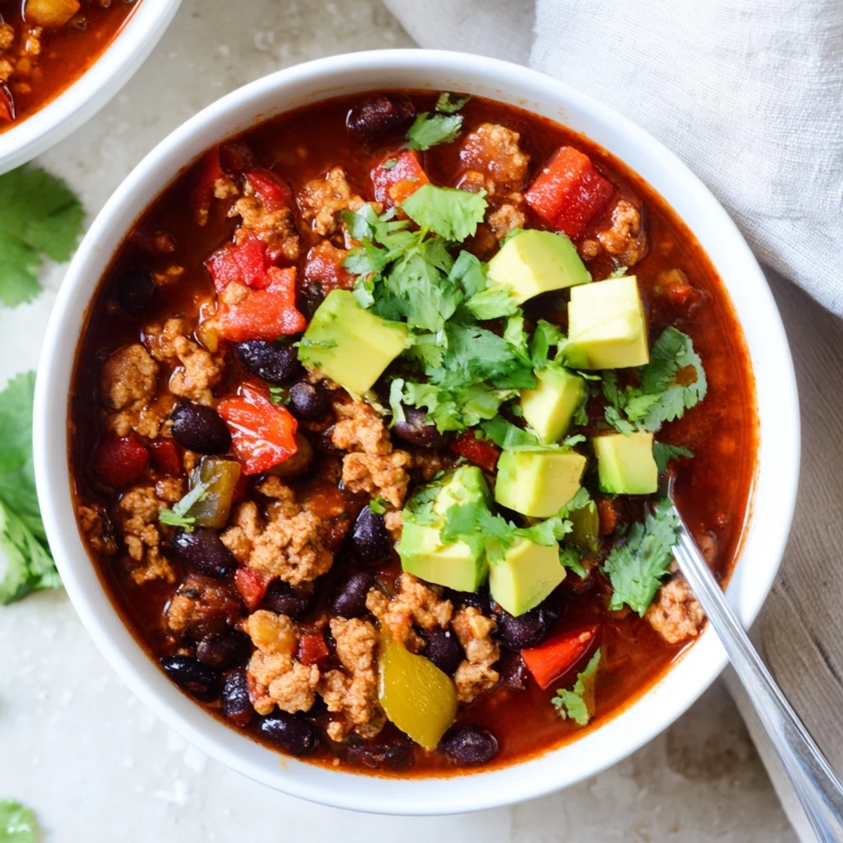 Turkey Chili with Black Beans served over rice, garnished with green onions and vibrant chopped cilantro.