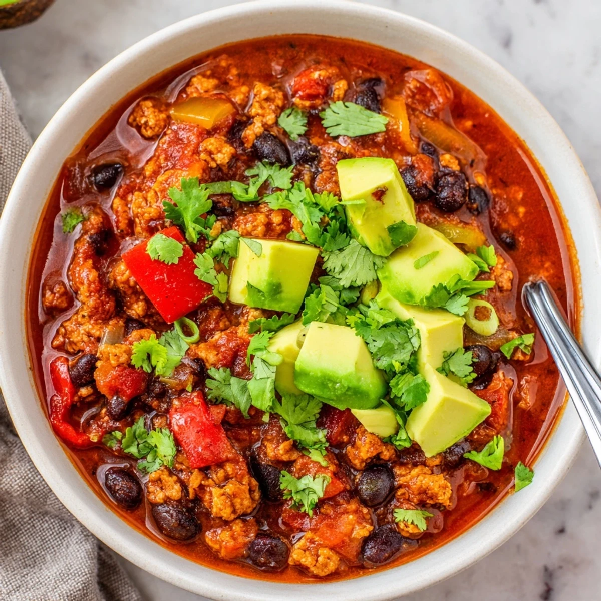 Steaming Turkey Chili with Black Beans in a rustic bowl, surrounded by lime wedges and diced toppings.