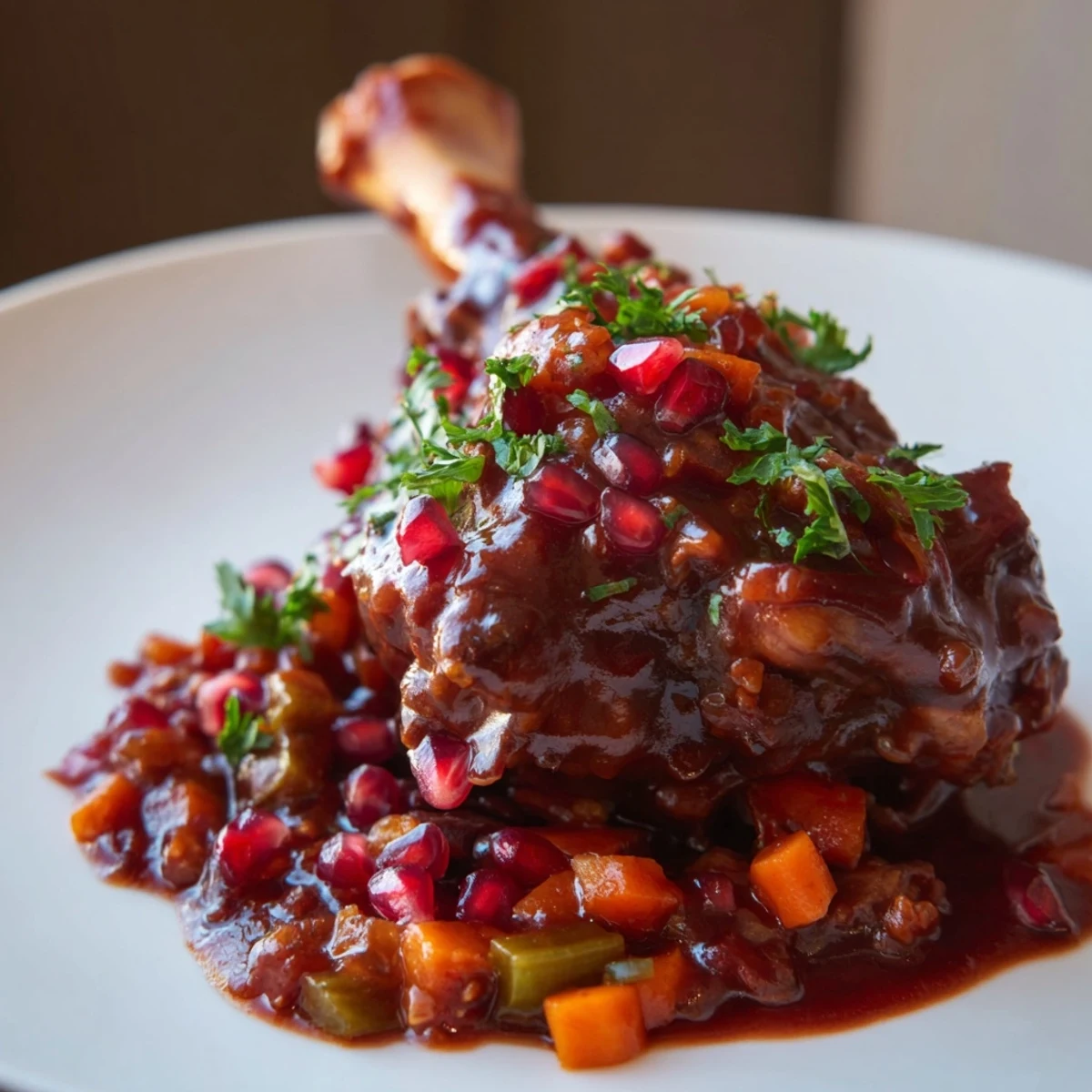 Golden-brown lamb shanks braised in pomegranate molasses, garnished with fresh parsley and glistening pomegranate seeds.