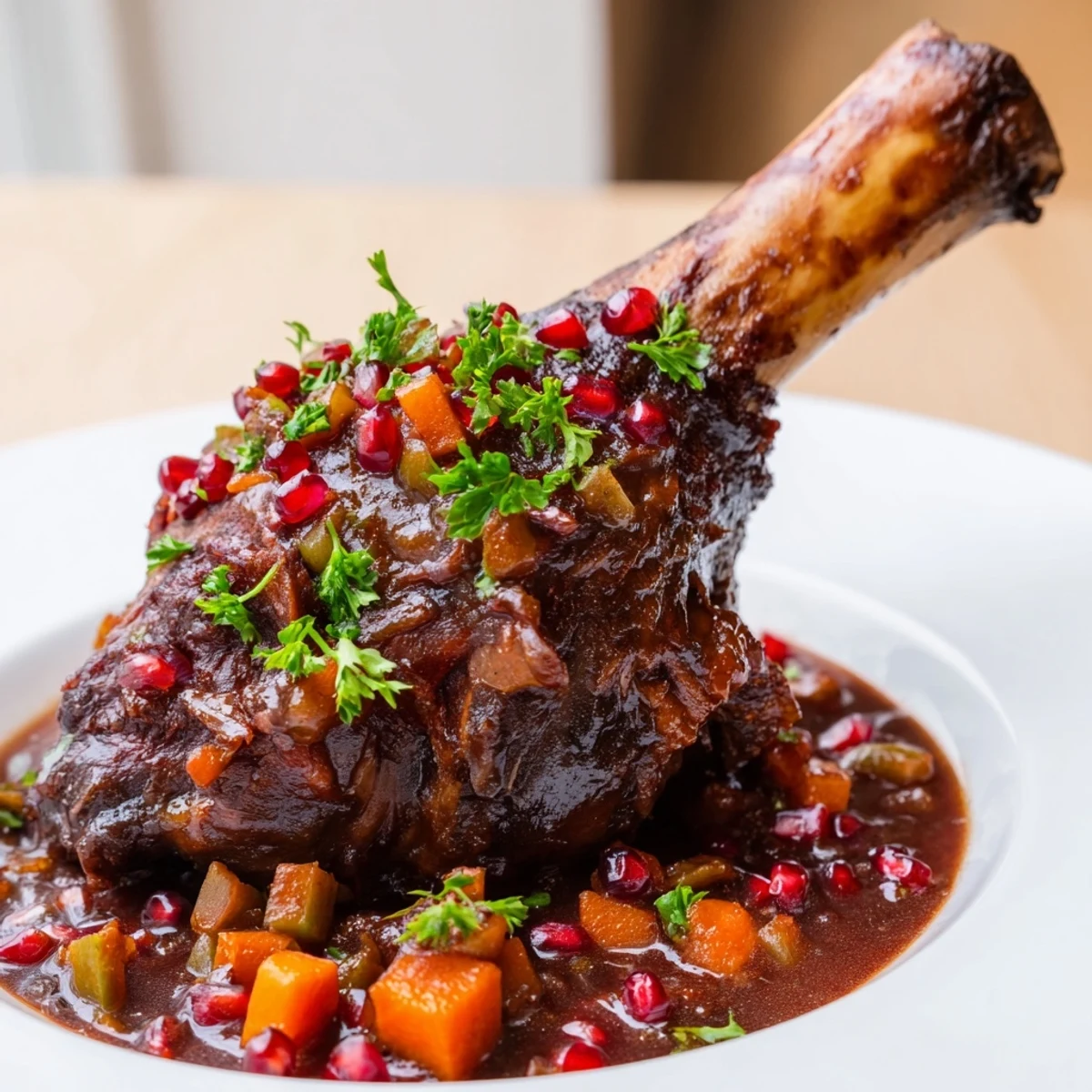Succulent Lamb Shanks with Pomegranate Molasses served over saffron rice with a rich, aromatic sauce.