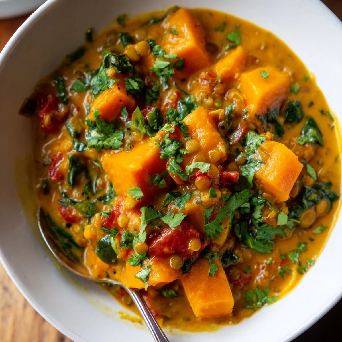 Steaming Butternut Squash and Lentil Curry in a rustic bowl, garnished with cilantro and lime wedges.