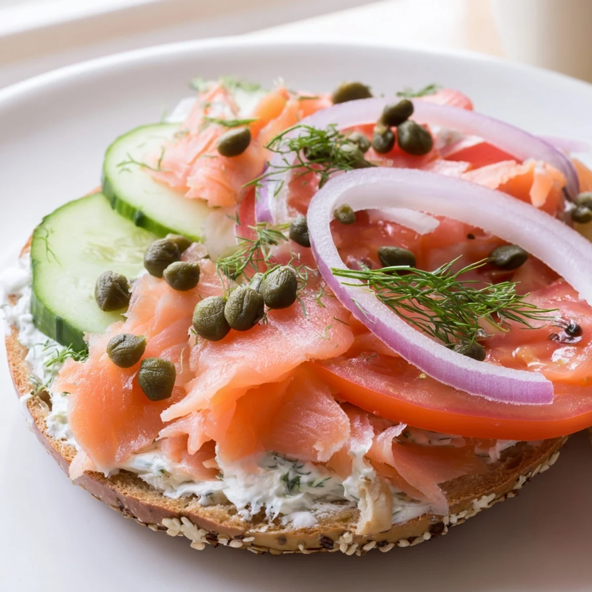 Creamy herbed cream cheese spread melts onto a warm bagel, layered with tender salmon, cucumber slices, and briny capers for a savory brunch.