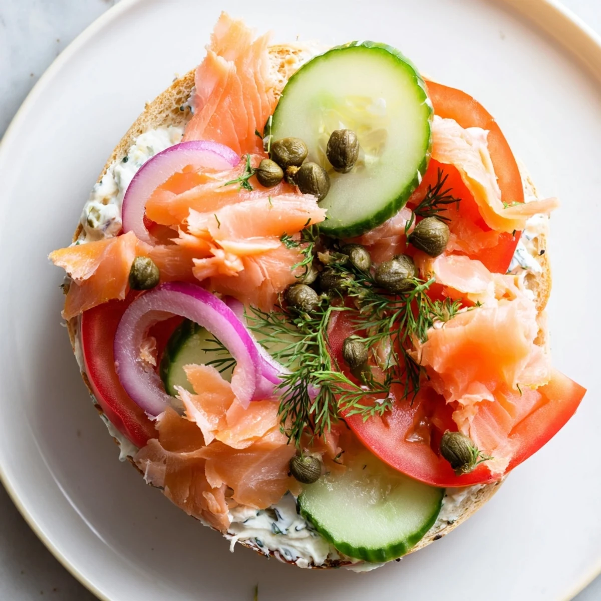 Golden-brown baked salmon flakes easily over a toasted everything bagel, topped with vibrant red onion, tomato, and fresh dill.