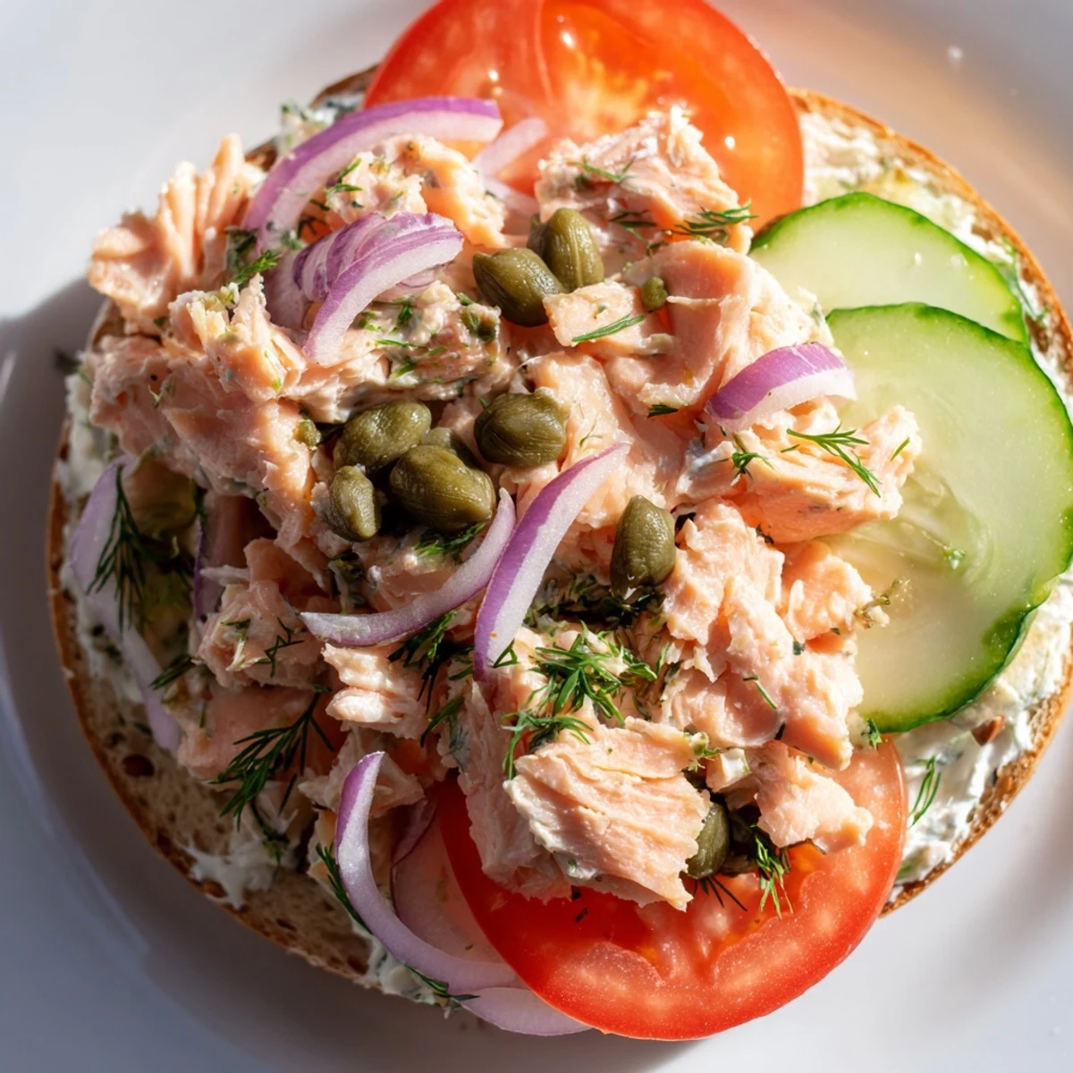 A beautifully assembled Baked Salmon Brunch Bagel, featuring flaky fish, fresh veggies, and lemon zest, ready to be enjoyed with coffee.