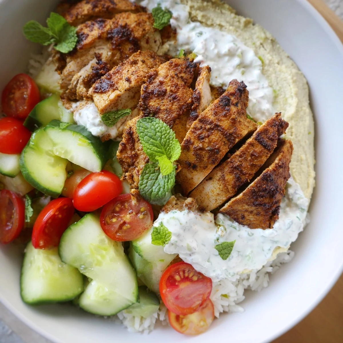 Colorful Chicken Shawarma Bowls with Hummus feature spiced grilled chicken, fresh veggies, and fluffy basmati rice on a plate.
