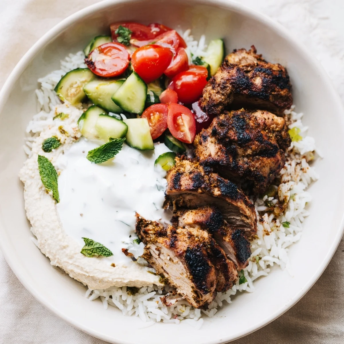 Spoon creamy hummus over vibrant Chicken Shawarma Bowls with Hummus, garnished with cucumber, tomatoes, and zesty lemon wedges.