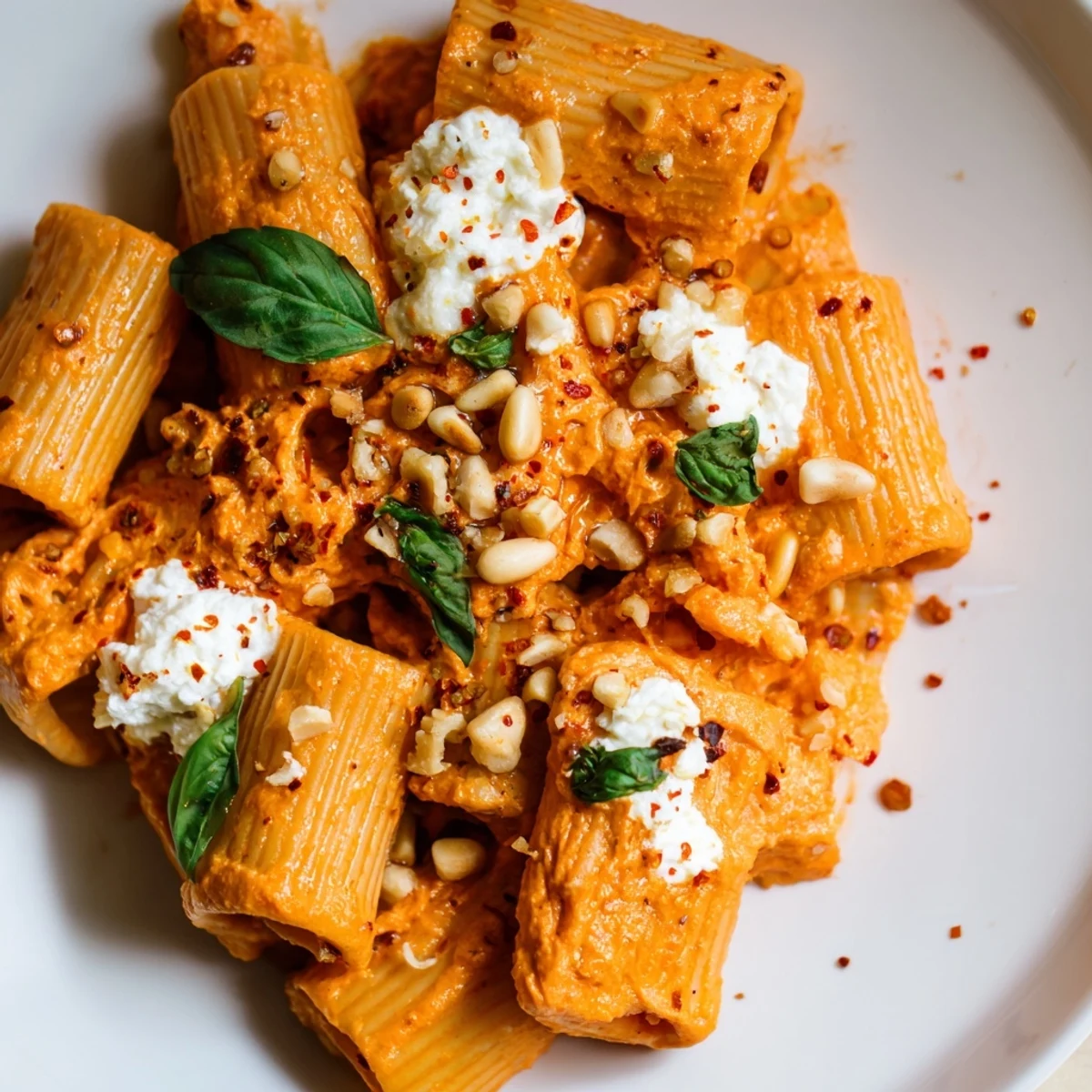 Creamy Roasted Red Pepper Pasta with Goat Cheese served in a skillet, garnished with fresh basil and toasted pine nuts.