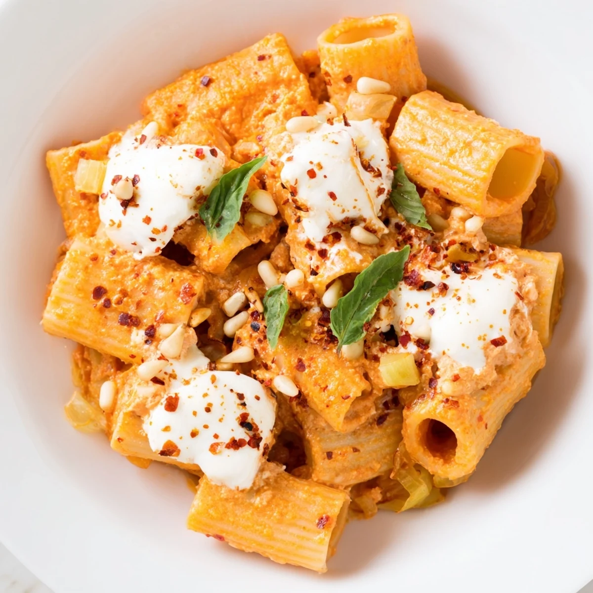 Plate of Roasted Red Pepper Pasta with Goat Cheese, showcasing a vibrant orange sauce and a sprinkle of extra cheese.