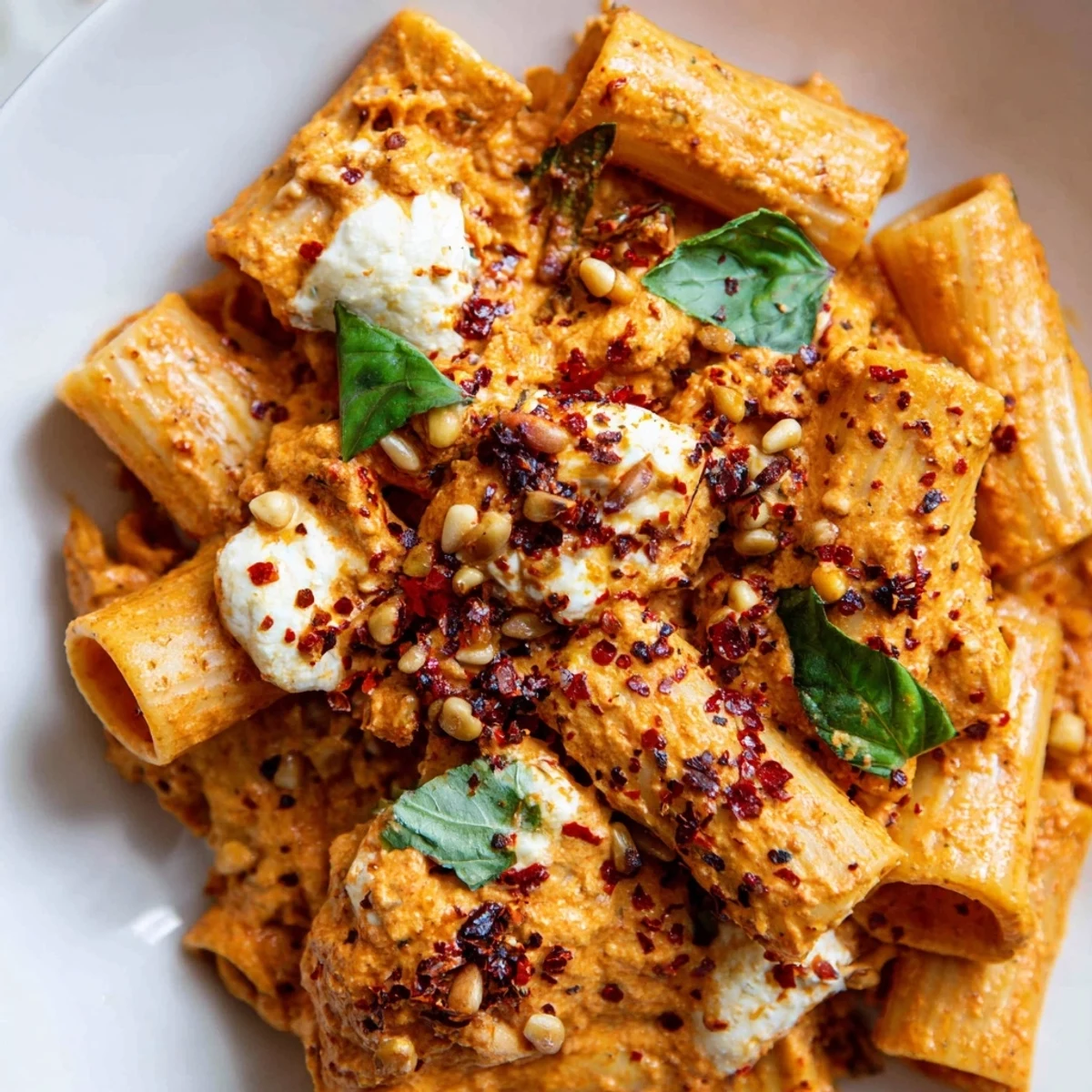 Close-up on Roasted Red Pepper Pasta with Goat Cheese, highlighting the silky sauce clinging to al dente penne noodles.