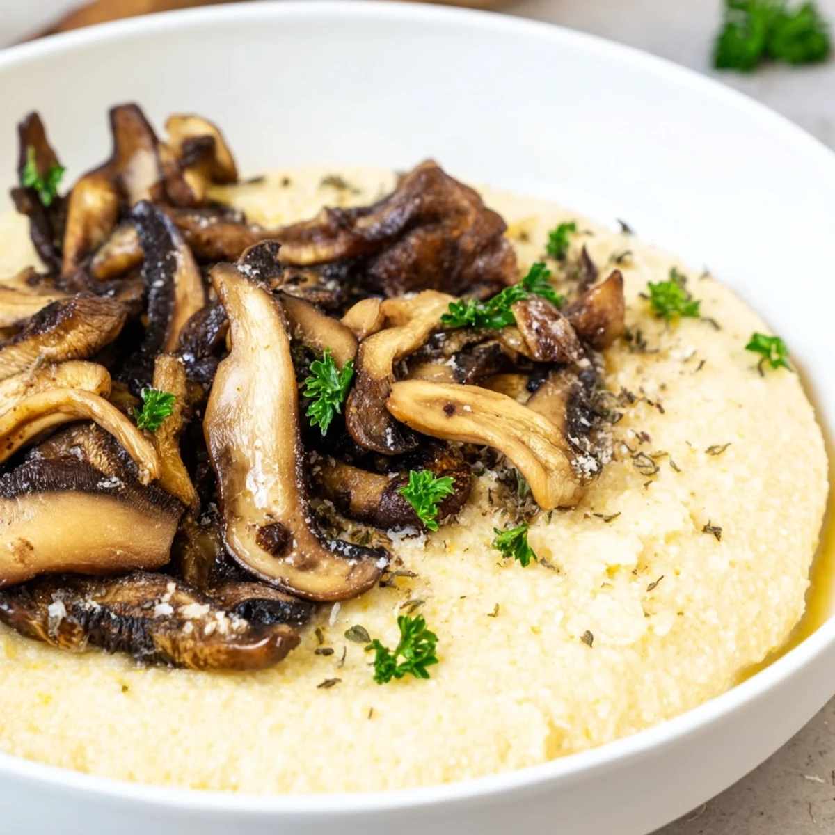 Creamy polenta with roasted mushrooms is served in a rustic bowl topped with fresh parsley. 
