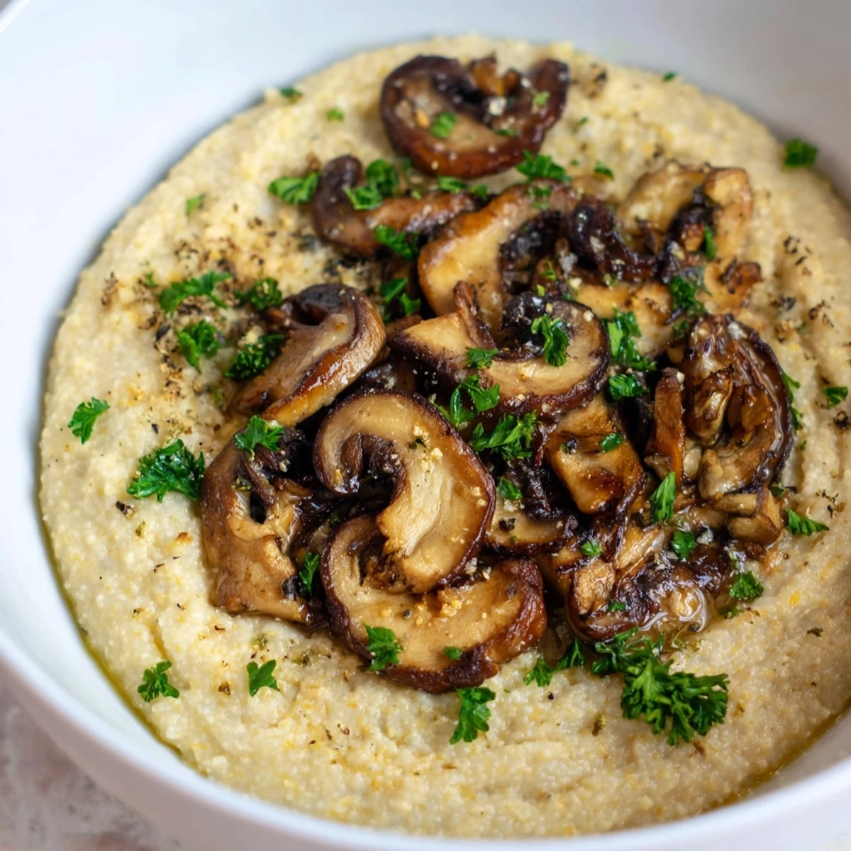 Velvety, cheesy polenta topped with golden roasted mushrooms and thyme for a cozy vegetarian dinner. 