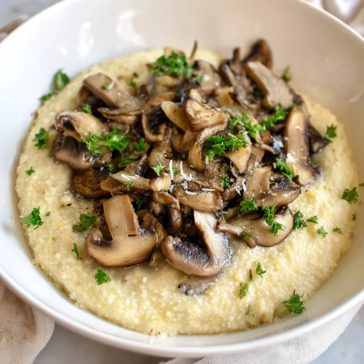 A bowl of creamy polenta with roasted mushrooms and extra Parmesan, ready for a family-style meal.