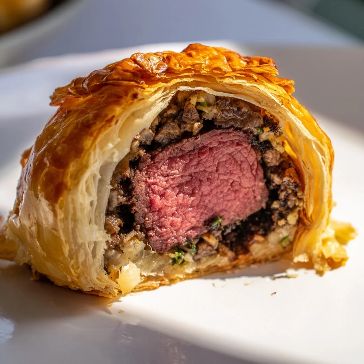 Golden, flaky Beef Wellington Bites with mushrooms rest on a wooden board, ready for a party.