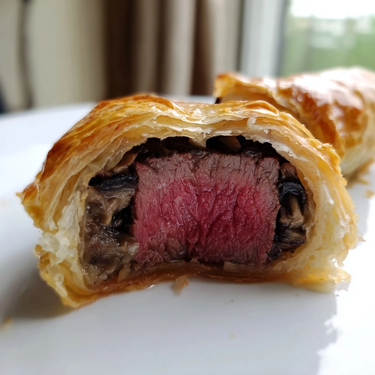 Two Beef Wellington Bites sit beside a small bowl of Dijon mustard, ideal for dipping.