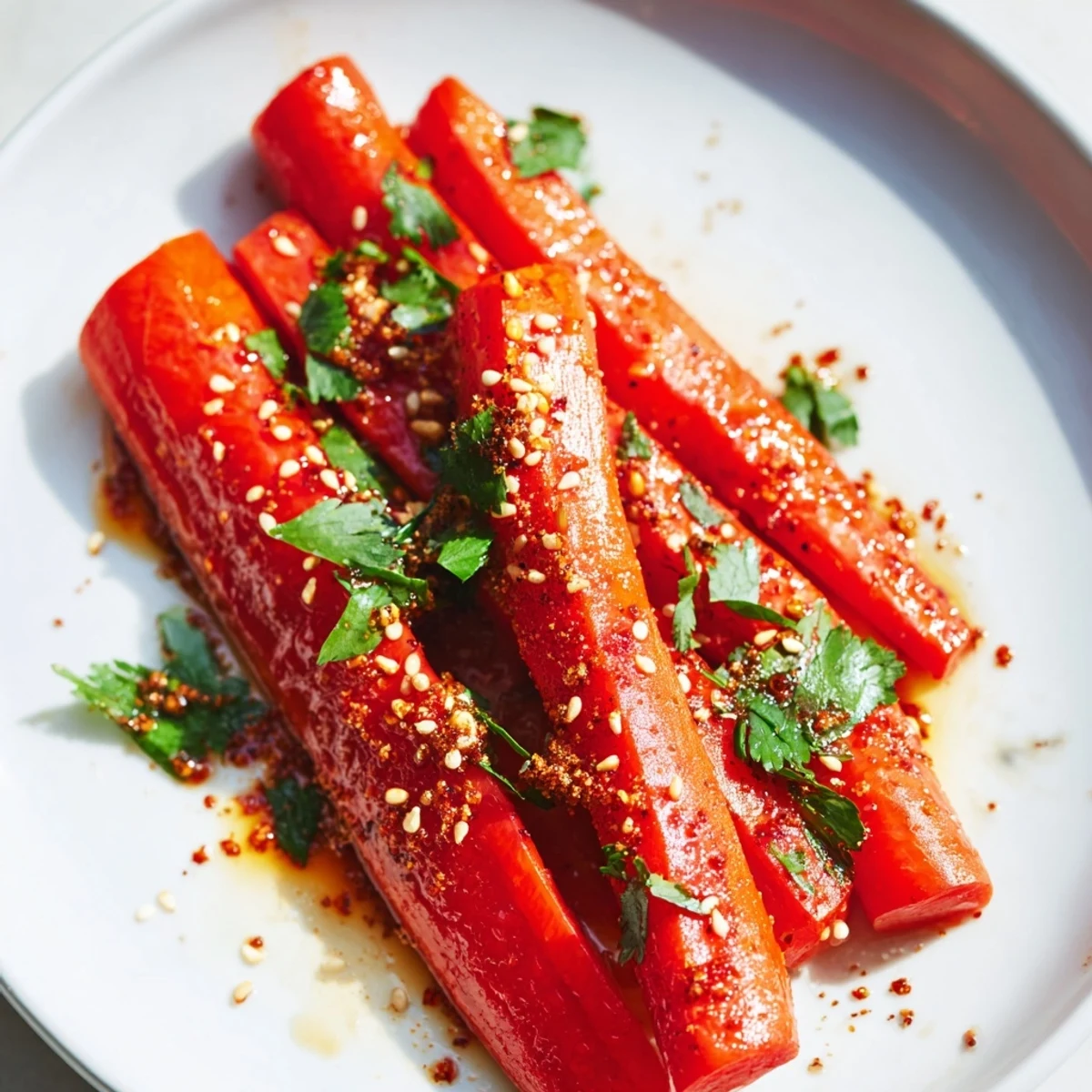 Spicy Harissa Roasted Carrots with a glossy, smoky-sweet glaze on a baking sheet, ready to serve.