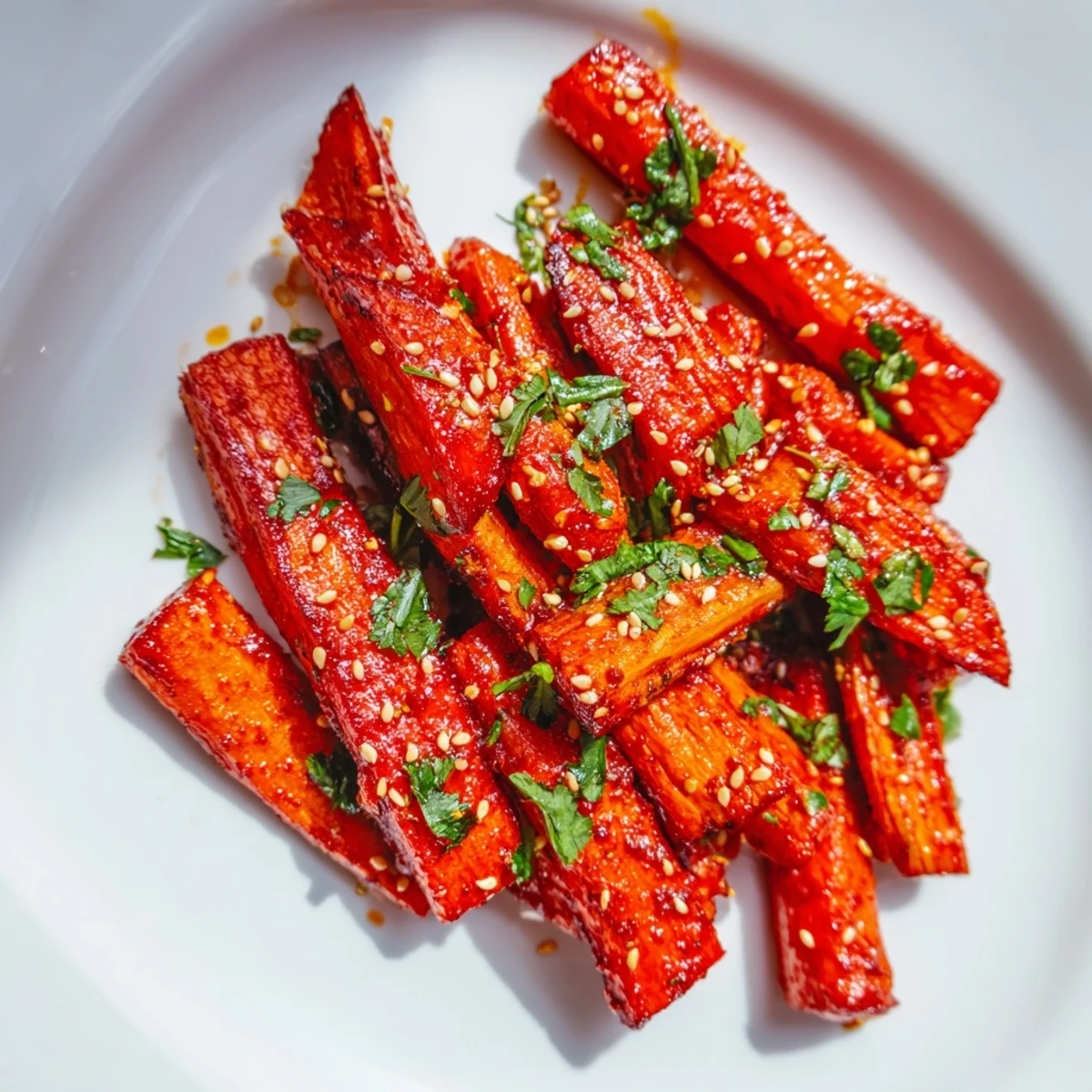 Garnished platter of Spicy Harissa Roasted Carrots with lemon wedges, ideal for a vegan side dish.