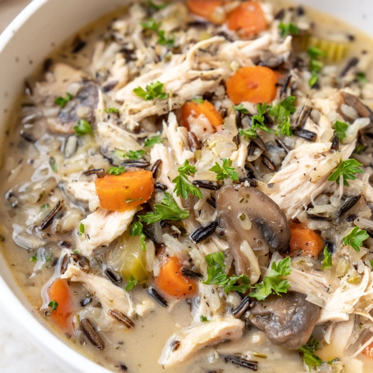 Steaming bowls of homemade Turkey and Wild Rice Soup garnished with fresh parsley, served alongside crusty bread.