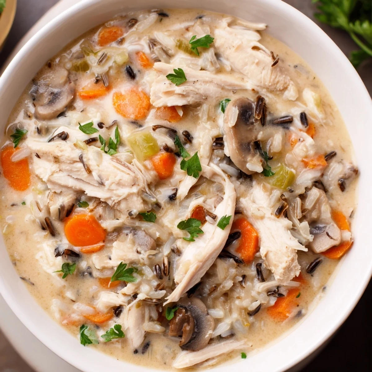 A hearty ladle of Turkey and Wild Rice Soup reveals tender turkey chunks and cooked wild rice in a rich broth.