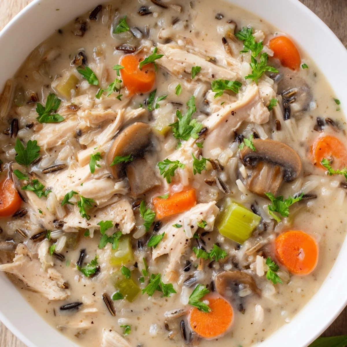 Close-up of simmering Turkey and Wild Rice Soup, showing diced carrots, celery, and mushrooms in a savory pot.