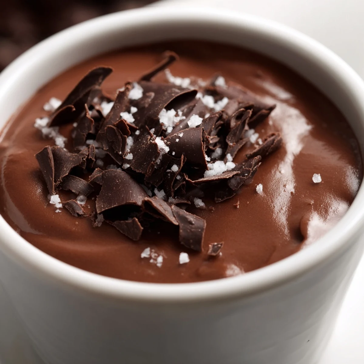 Homemade Dark Chocolate Mousse with Sea Salt topped with shavings, ready for a romantic dinner date.