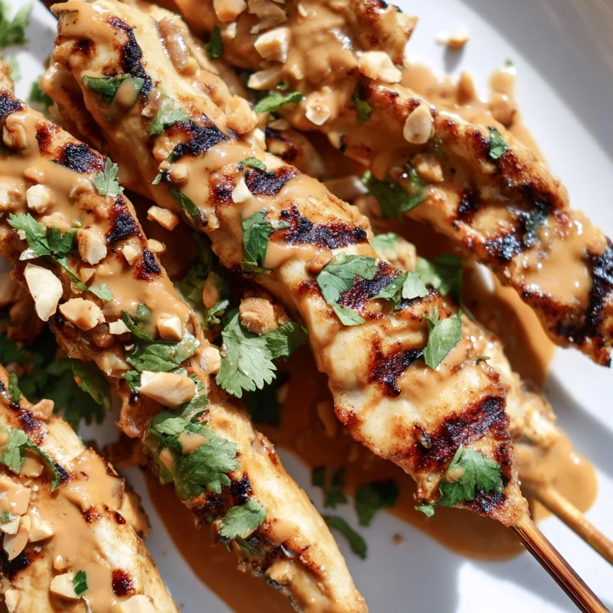 Golden-brown grilled Chicken Satay Skewers with Peanut Sauce are arranged on a wooden platter beside fresh lime wedges.