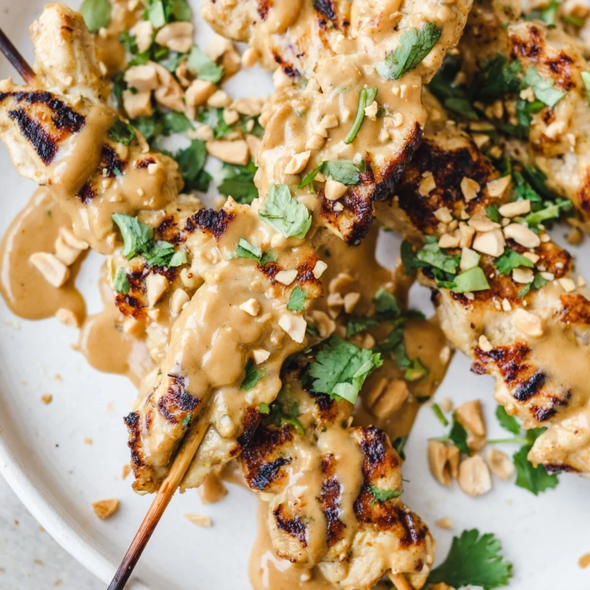 A close-up of Chicken Satay Skewers with Peanut Sauce reveals juicy, char-grilled chicken pieces dripping with rich sauce.
