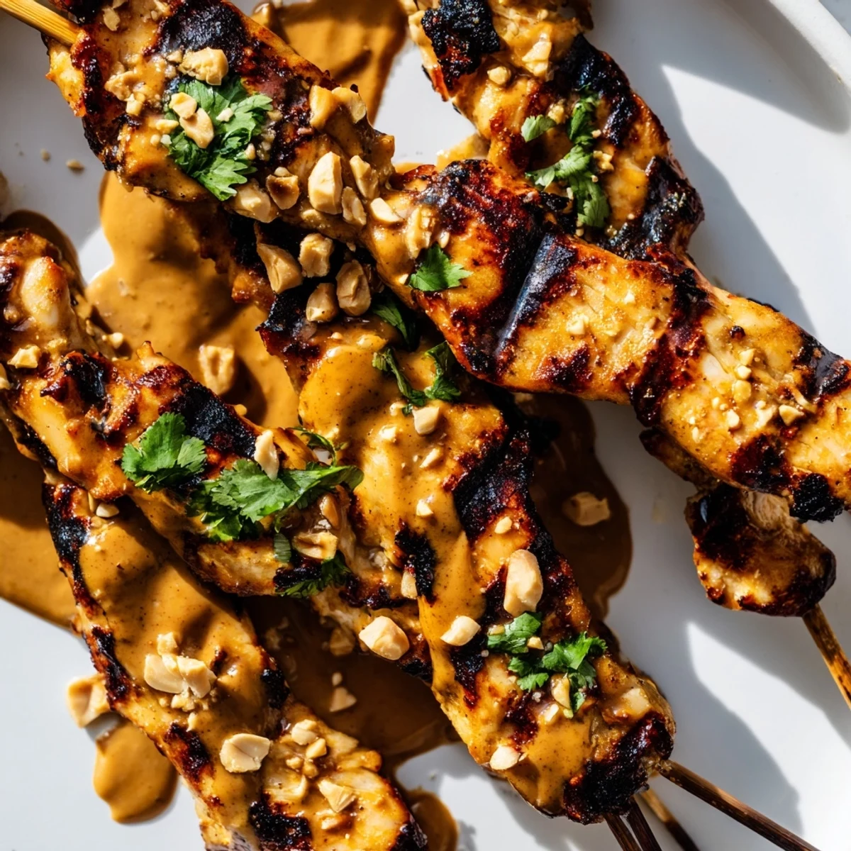 Ceramic bowl of creamy Chicken Satay Skewers with Peanut Sauce garnished with chopped cilantro and crushed roasted peanuts.