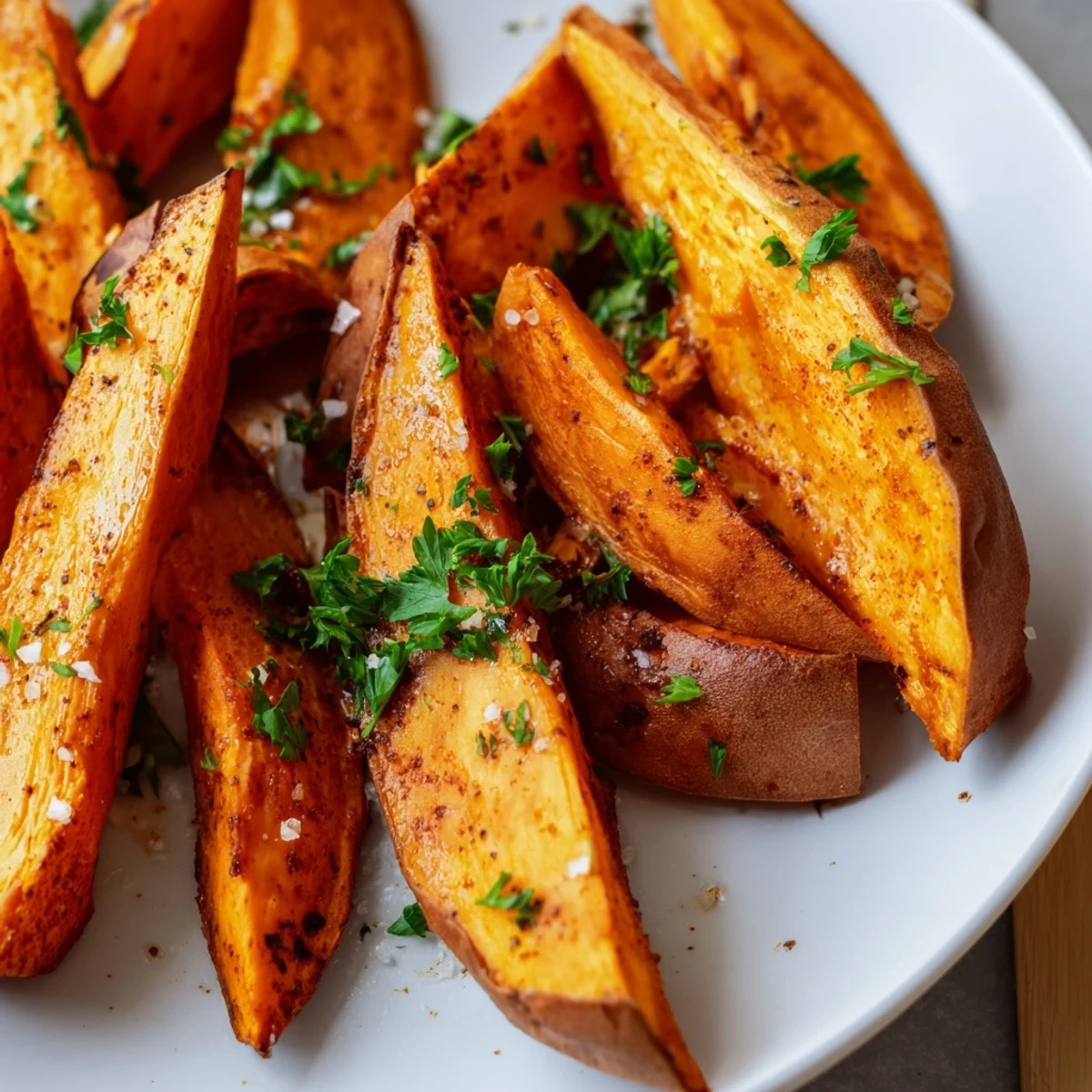 Perfectly seasoned Roasted Sweet Potato Wedges with Paprika, arranged on a baking sheet ready for dipping.