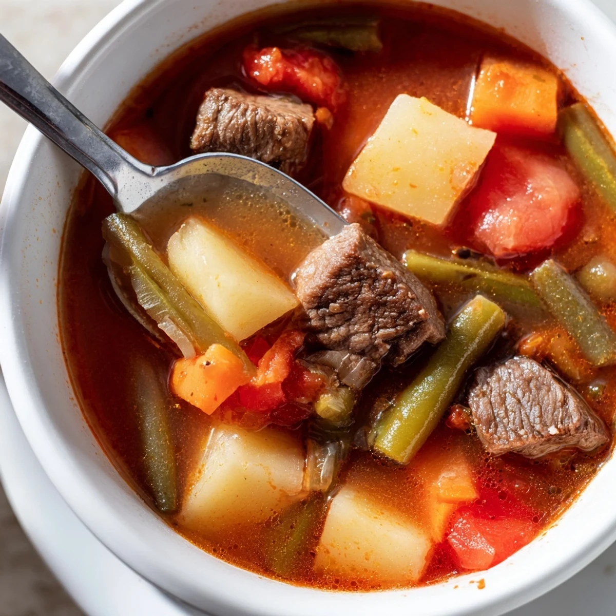 Steaming beef vegetable soup with potatoes is served in a rustic bowl, featuring tender beef chunks, peas, and sliced carrots in a rich broth.