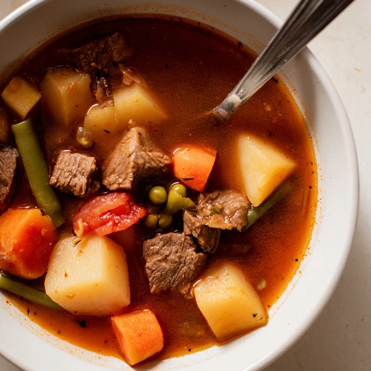 A close-up of beef vegetable soup with potatoes shows colorful vegetables, fresh parsley garnish, and a spoon ready to serve this comforting meal.