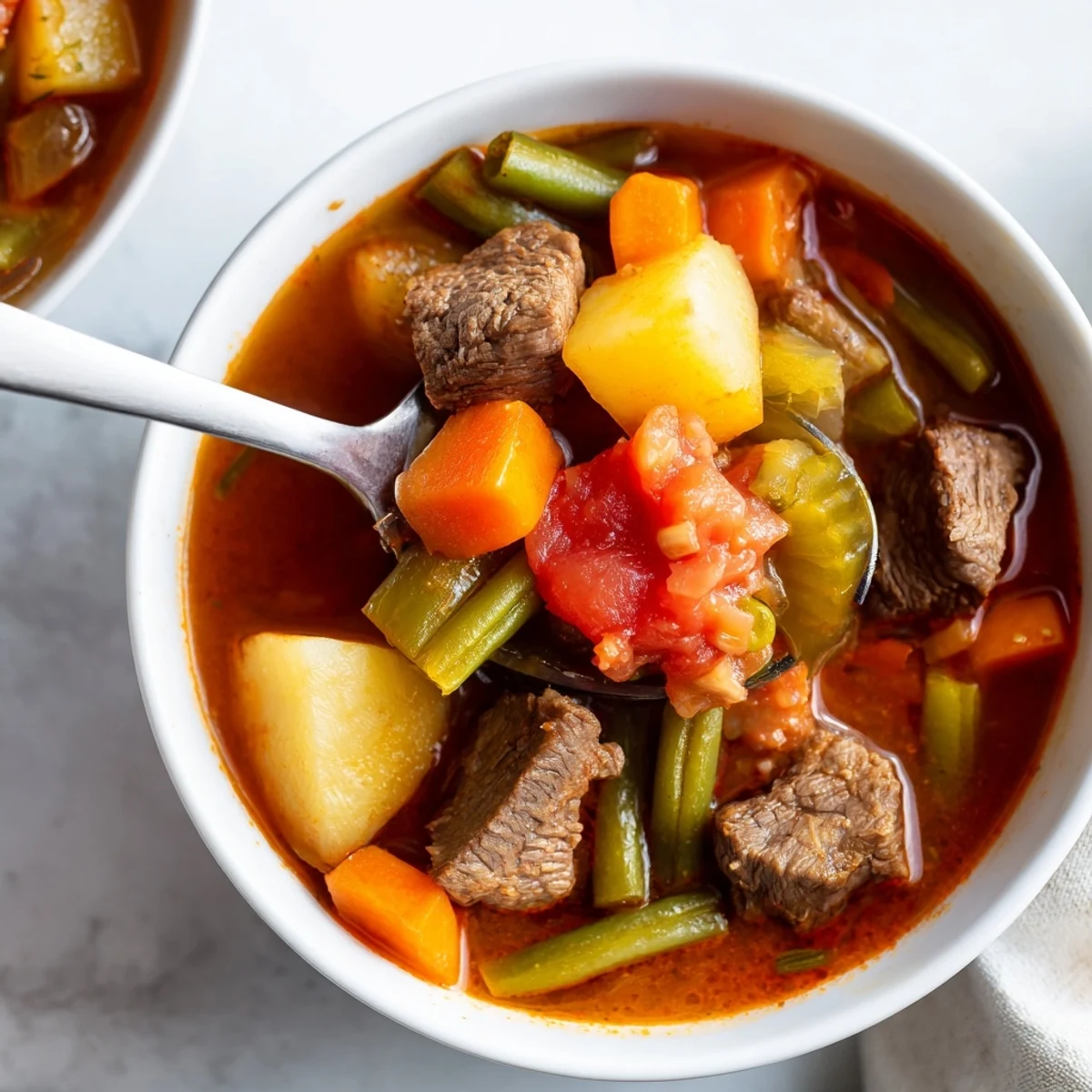 Hearty beef vegetable soup with potatoes simmers in a Dutch oven, filled with diced potatoes, green beans, and aromatic herbs on the stove.