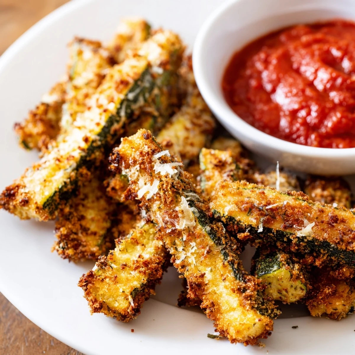 Crispy Baked Zucchini Fries with Marinara Sauce on a rustic plate, drizzled with tangy sauce and ready for dipping. 