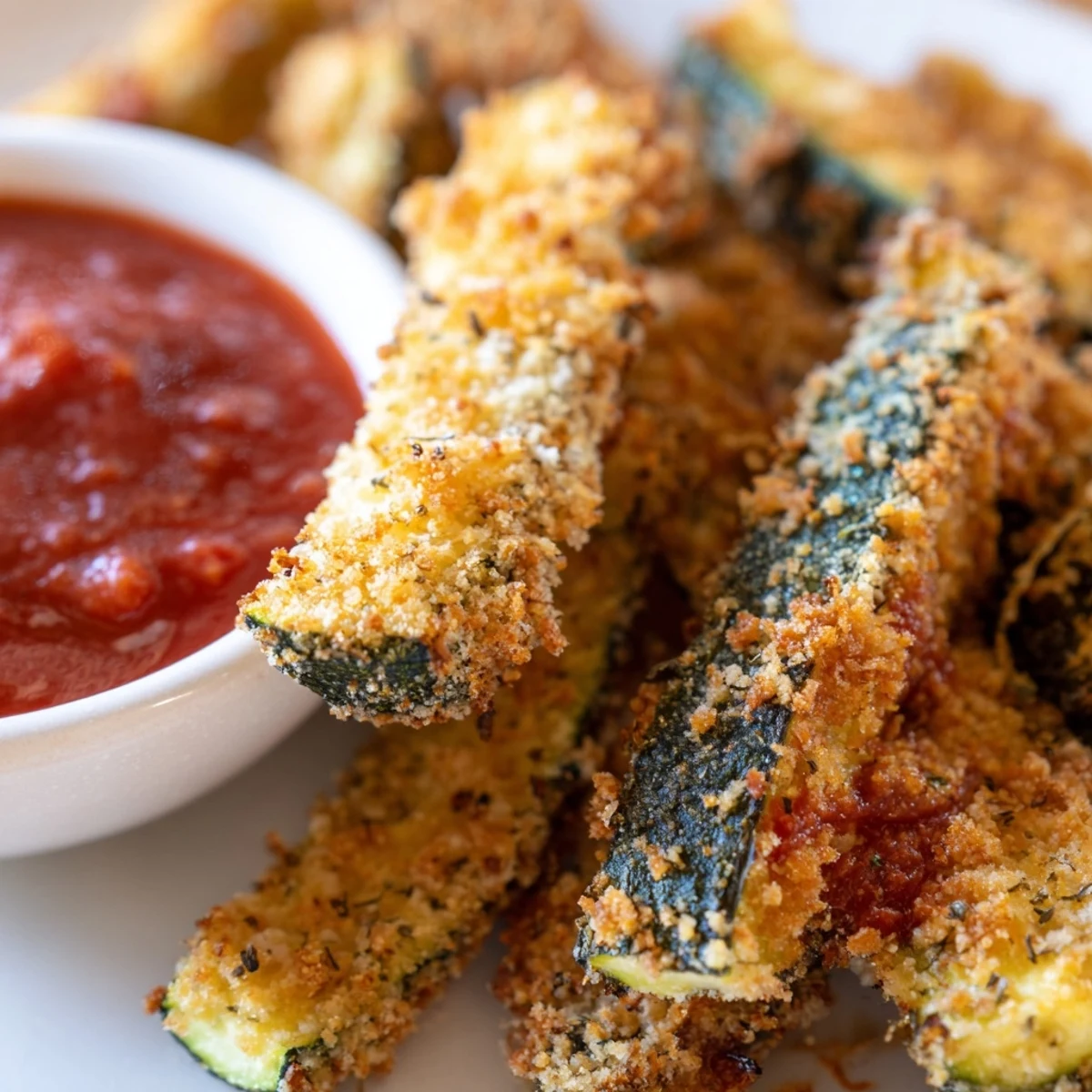 Golden Parmesan-coated Baked Zucchini Fries with Marinara Sauce served hot on parchment, ideal for game day snacking.